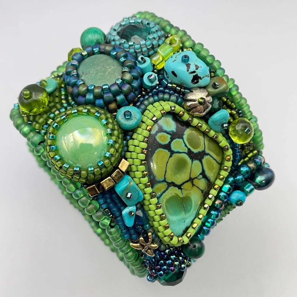 LARGE‎ Beaded Turquoise Boho Cuff Bracelet Adjustable Statement Chunky Bracelet